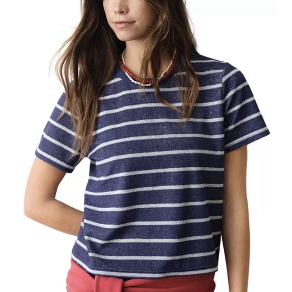Marine Layer Terry Towel Short Sleeve Sweatshirt Navy Stripe Medium